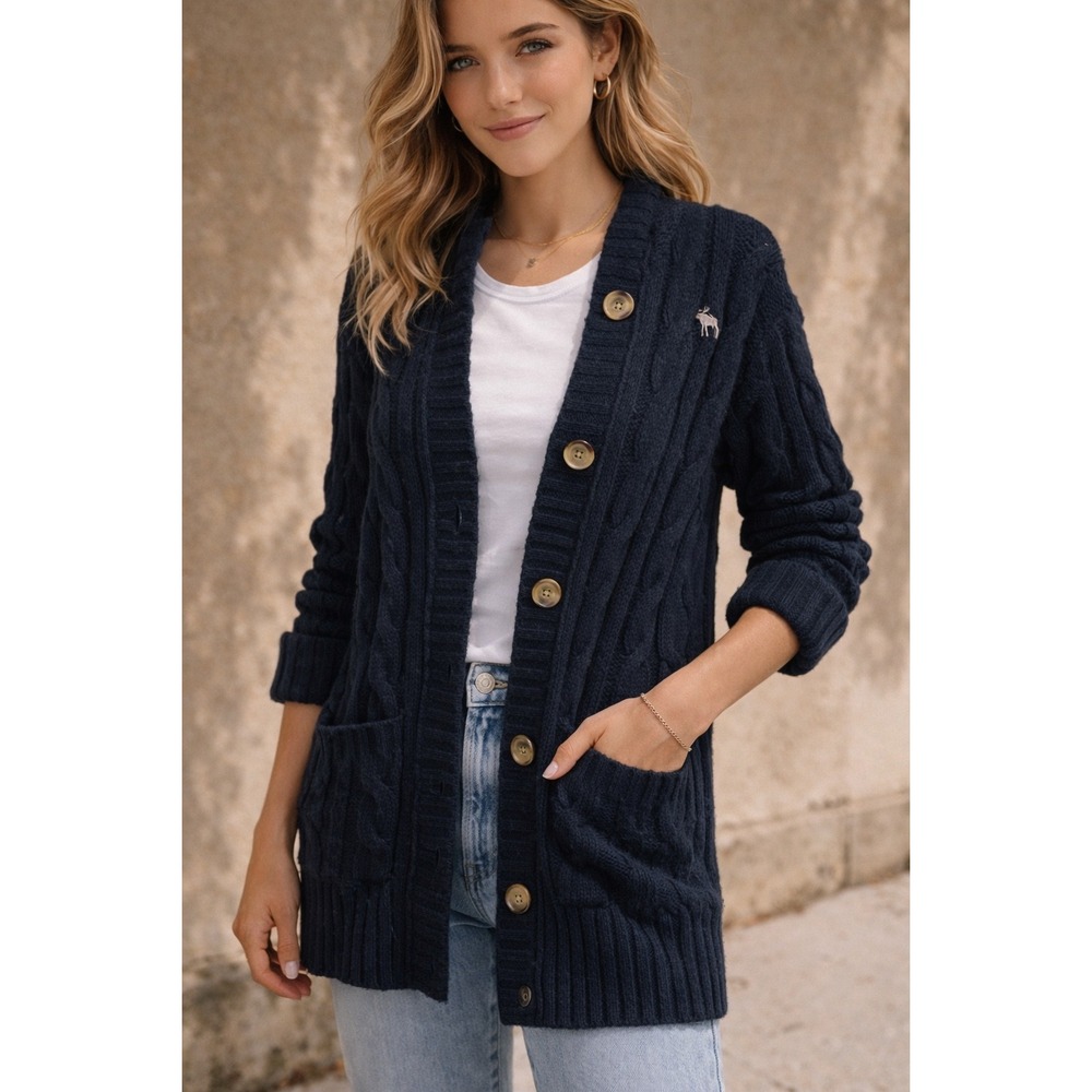 Vintage Abercrombie & Fitch Navy Blue Cable Knit Long Cardigan Wool Blend XL